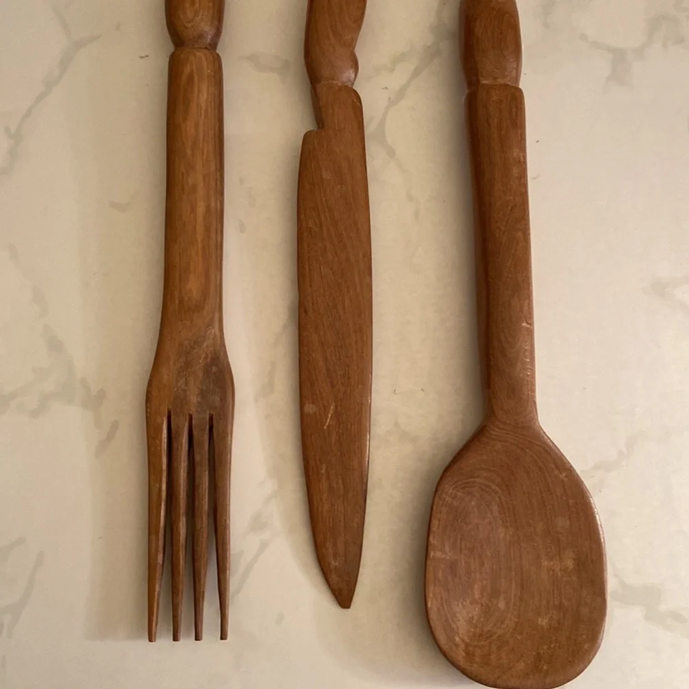 Vintage Wooden Hand Carved Utensils 80's Tribal Decor Kitchen Collectible Wood